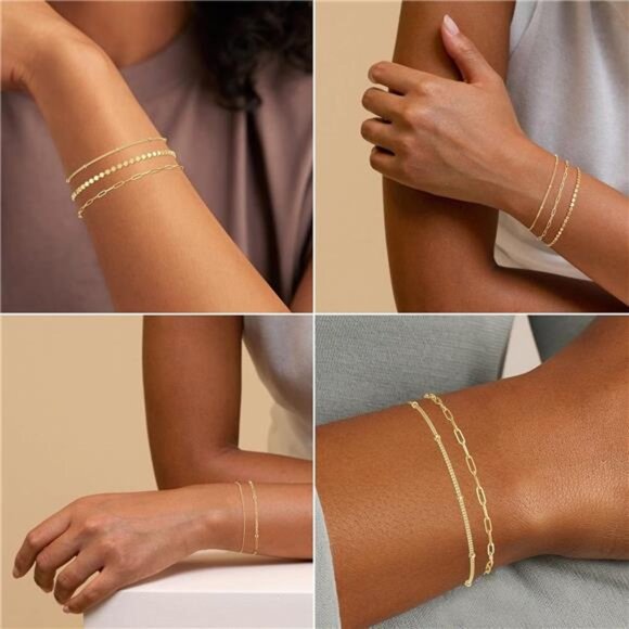 Gold Bracelets for Women, 14K Dainty Gold Plated Stackable Bracelets for Women - Picture 4 of 7